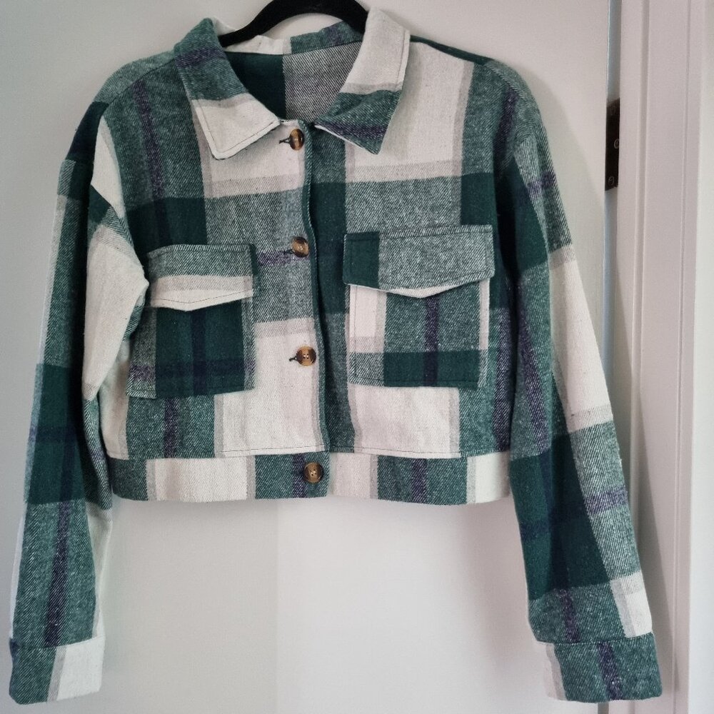 Plaid cropped shacket - green, blue, grey, white